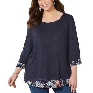 Catherines Women's Blue 3/4 Sleeve Sweater w/ Floral Hem/Arm Detail SZ 2X Casual
